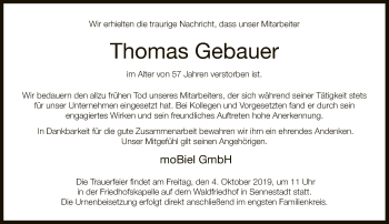 Traueranzeige von Thomas Gebauer von Neue Westfälische