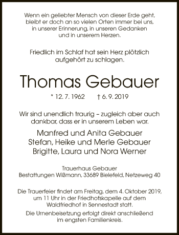 Traueranzeige von Thomas Gebauer von Neue Westfälische