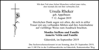 Traueranzeige von Ursula Rheker von Neue Westfälische