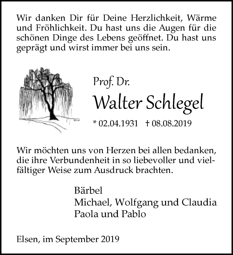  Traueranzeige für Walter Schlegel vom 19.09.2019 aus Neue Westfälische