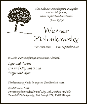 Traueranzeige von Werner Zielonkowsky von Neue Westfälische
