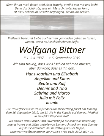 Traueranzeige von Wolfgang Bittner von Neue Westfälische