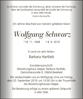 Traueranzeige von Wolfgang Schwarz von Neue Westfälische