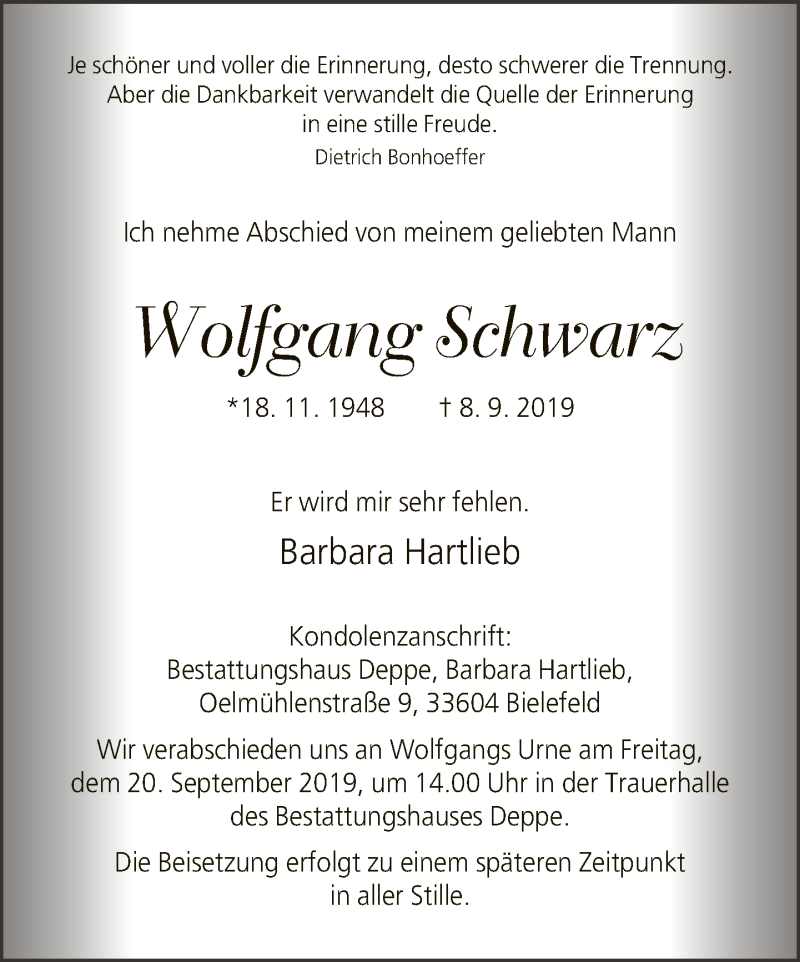  Traueranzeige für Wolfgang Schwarz vom 14.09.2019 aus Neue Westfälische