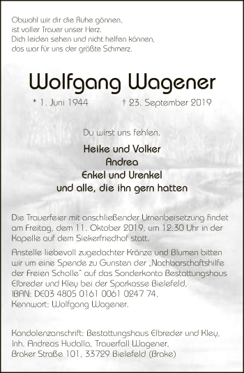Traueranzeige von Wolfgang Wagener von Neue Westfälische