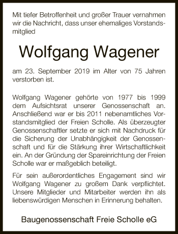 Traueranzeige von Wolfgang Wagener von Neue Westfälische