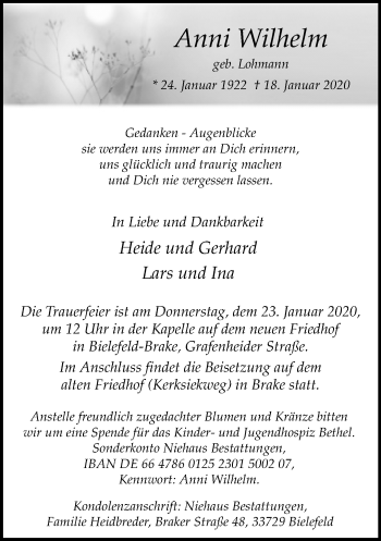 Traueranzeige von Anni Wilhelm von Neue Westfälische