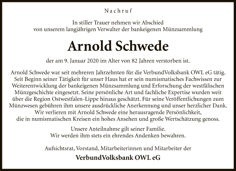  Traueranzeige für Arnold Schwede vom 15.01.2020 aus Neue Westfälische