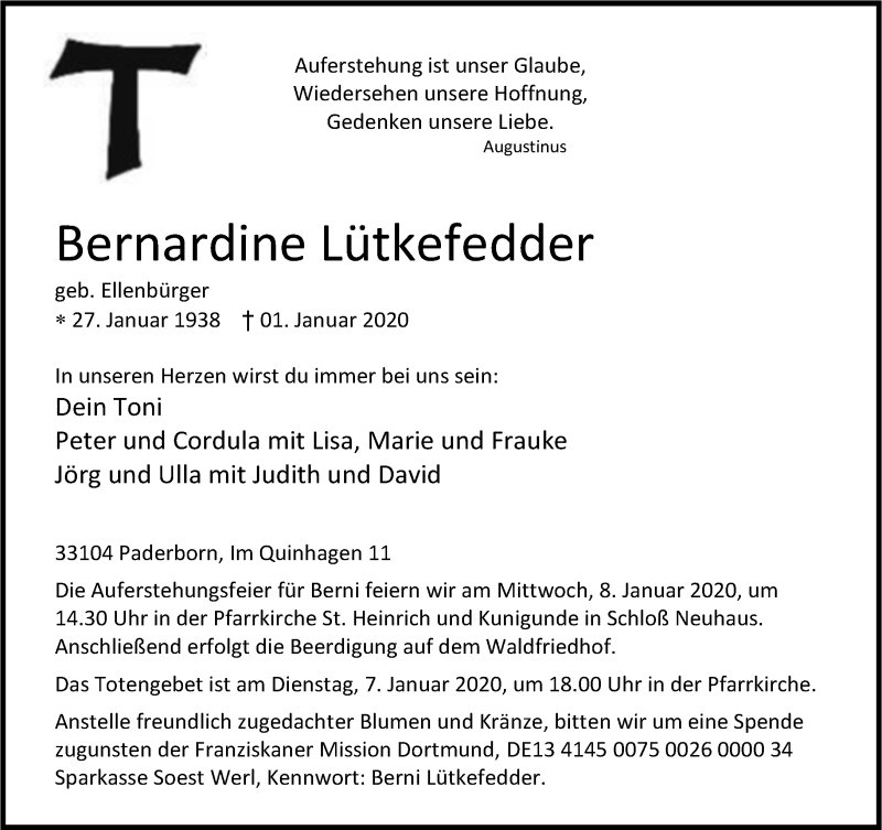  Traueranzeige für Bernardine Lütkefedder vom 04.01.2020 aus Neue Westfälische