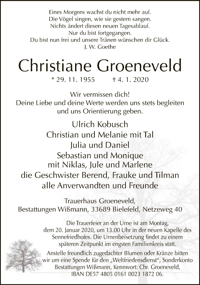  Traueranzeige für Christiane Groeneveld vom 08.01.2020 aus Neue Westfälische