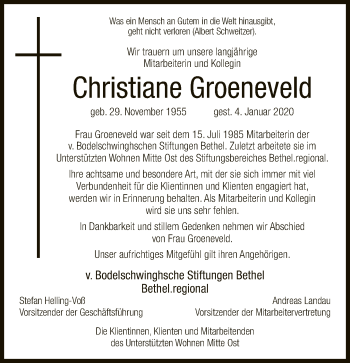 Traueranzeige von Christiane Groeneveld von Neue Westfälische