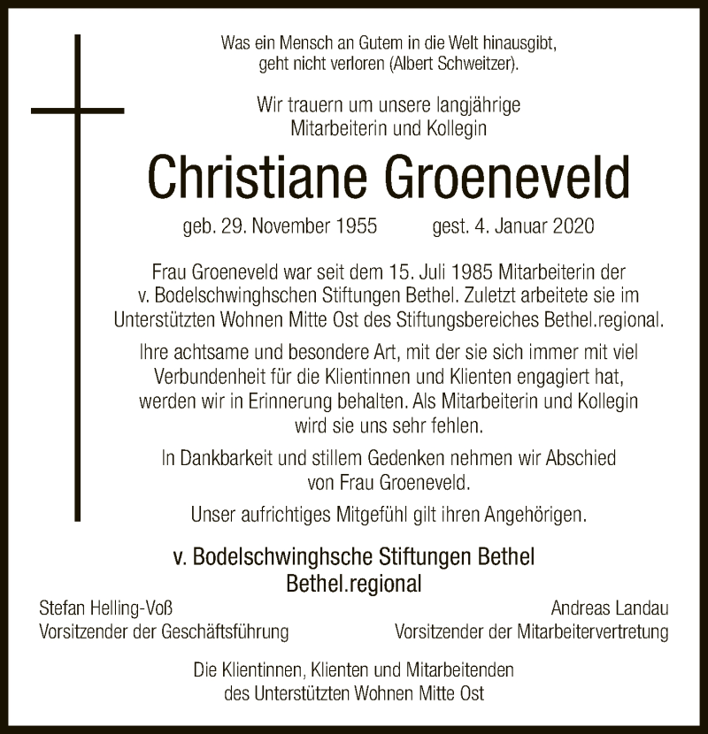  Traueranzeige für Christiane Groeneveld vom 18.01.2020 aus Neue Westfälische
