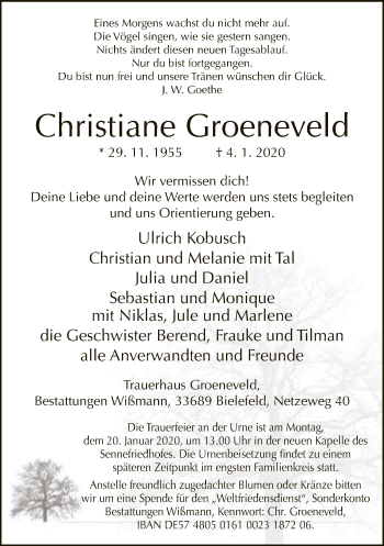 Traueranzeige von Christiane Groeneveld von Neue Westfälische
