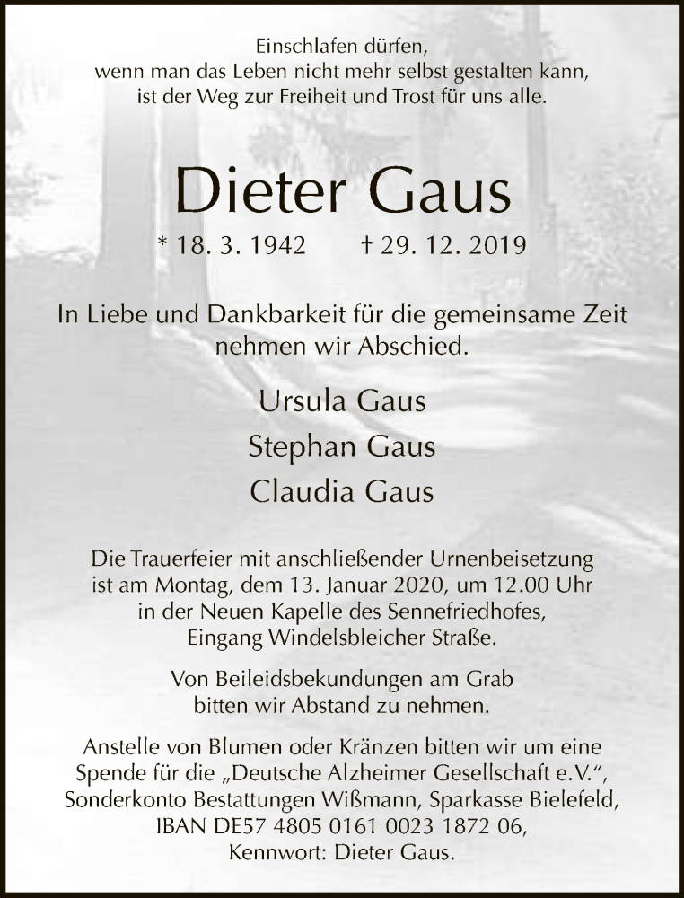  Traueranzeige für Dieter Gaus vom 04.01.2020 aus Neue Westfälische