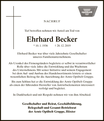 Traueranzeige von Ehrhard Becker von Neue Westfälische