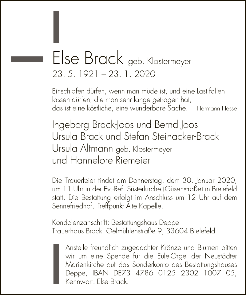  Traueranzeige für Else Brack vom 25.01.2020 aus Neue Westfälische
