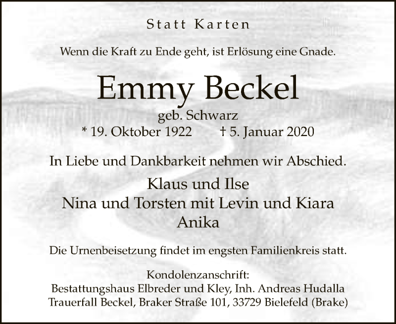  Traueranzeige für Emmy Beckel vom 11.01.2020 aus Neue Westfälische