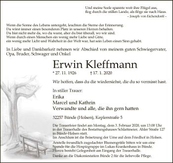 Traueranzeige von Erwin Kleffmann von Neue Westfälische