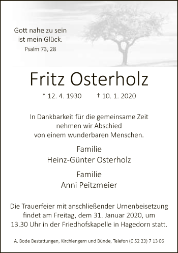 Traueranzeige von Fritz Osterholz von Neue Westfälische