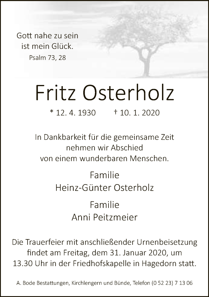  Traueranzeige für Fritz Osterholz vom 25.01.2020 aus Neue Westfälische