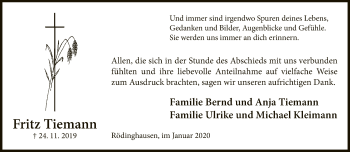 Traueranzeige von Fritz Tiemann von Neue Westfälische