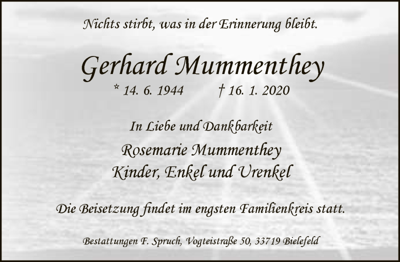  Traueranzeige für Gerhard Mummenthey vom 25.01.2020 aus Neue Westfälische
