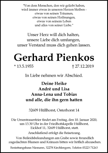 Traueranzeige von Gerhard Pienkos von Neue Westfälische