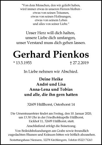 Traueranzeige von Gerhard Pienkos von Neue Westfälische