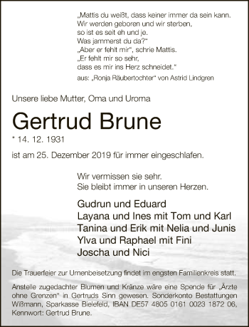 Traueranzeige von Gertrud Brune von Neue Westfälische