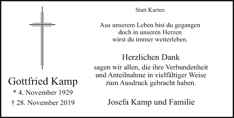  Traueranzeige für Gottfried Kamp vom 03.01.2020 aus Neue Westfälische