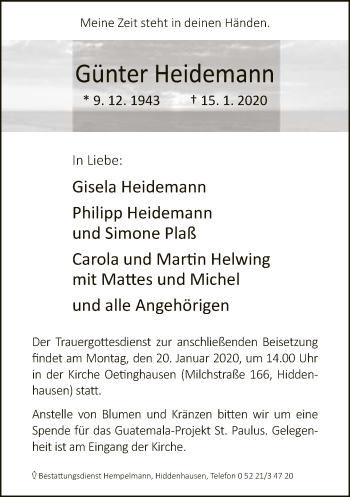 Traueranzeige von Günter Heidemann von Neue Westfälische