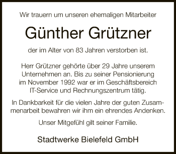 Traueranzeige von Günther Grützner von Neue Westfälische