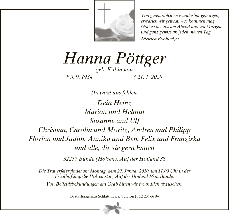  Traueranzeige für Hanna Pöttger vom 23.01.2020 aus Neue Westfälische