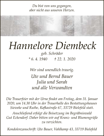 Traueranzeige von Hannelore Diembeck von Neue Westfälische