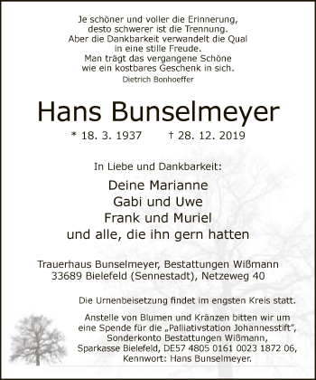 Traueranzeige von Hans Bunselmeyer von Neue Westfälische