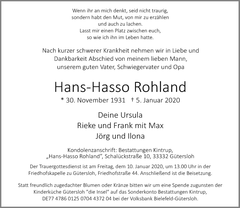  Traueranzeige für Hans-Hasso Rohland vom 08.01.2020 aus Neue Westfälische