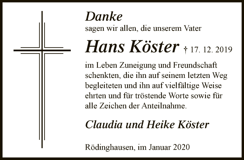  Traueranzeige für Hans Köster vom 22.01.2020 aus Neue Westfälische