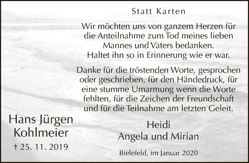  Traueranzeige für Hans Jürgen Kohlmeier vom 11.01.2020 aus Neue Westfälische