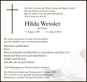 Traueranzeige von Hilda Wessler von Neue Westfälische