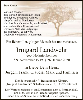 Traueranzeige von Irmgard Landwehr von Neue Westfälische