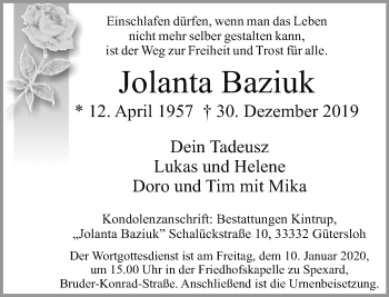 Traueranzeige von Jolanta Baziuk von Neue Westfälische