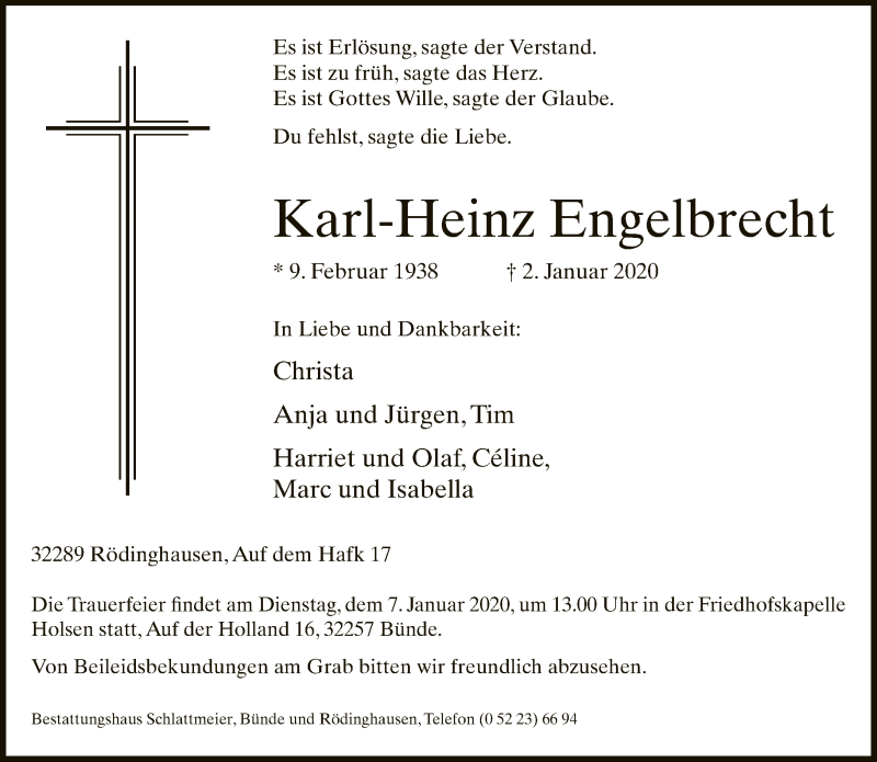  Traueranzeige für Karl-Heinz Engelbrecht vom 04.01.2020 aus Neue Westfälische