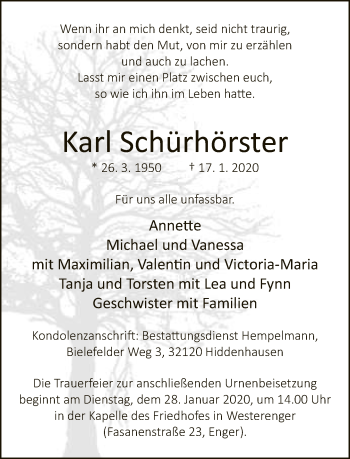 Traueranzeige von Karl Schürhörster von Neue Westfälische