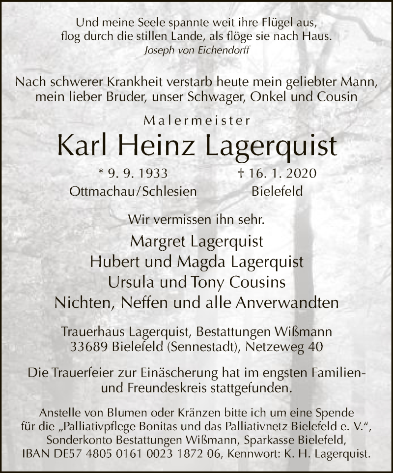  Traueranzeige für Karl Heinz Lagerquist vom 25.01.2020 aus Neue Westfälische
