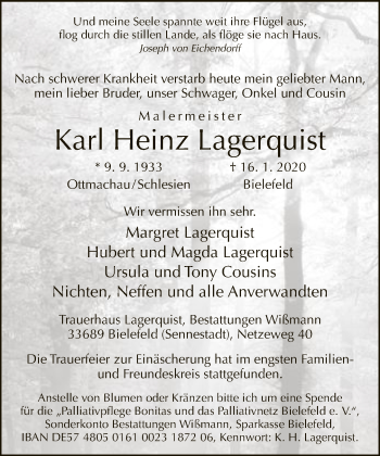 Traueranzeige von Karl Heinz Lagerquist von Neue Westfälische