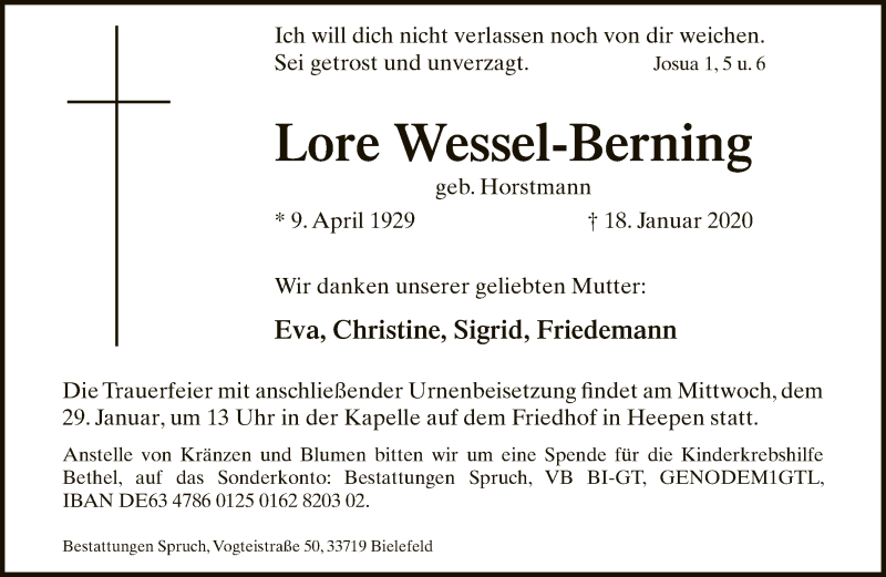 Traueranzeige für Lore Wessel-Berning vom 25.01.2020 aus Neue Westfälische