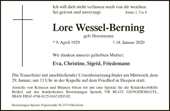 Traueranzeige von Lore Wessel-Berning von Neue Westfälische