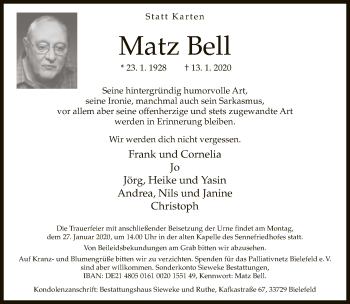 Traueranzeige von Matz Bell von Neue Westfälische