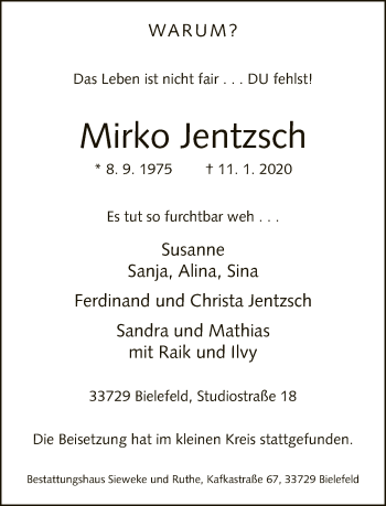 Traueranzeige von Mirko Jentzsch von Neue Westfälische