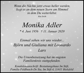 Traueranzeige von Monika Adler von Neue Westfälische